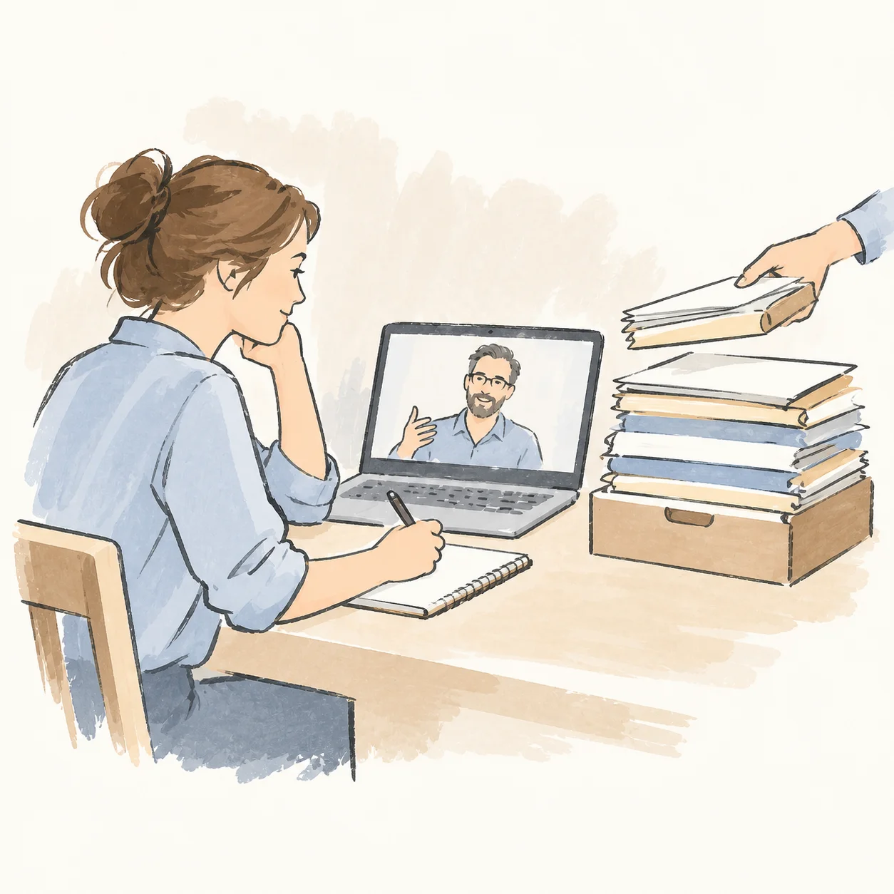 An owner receives advice on a video call while paperwork piles up.