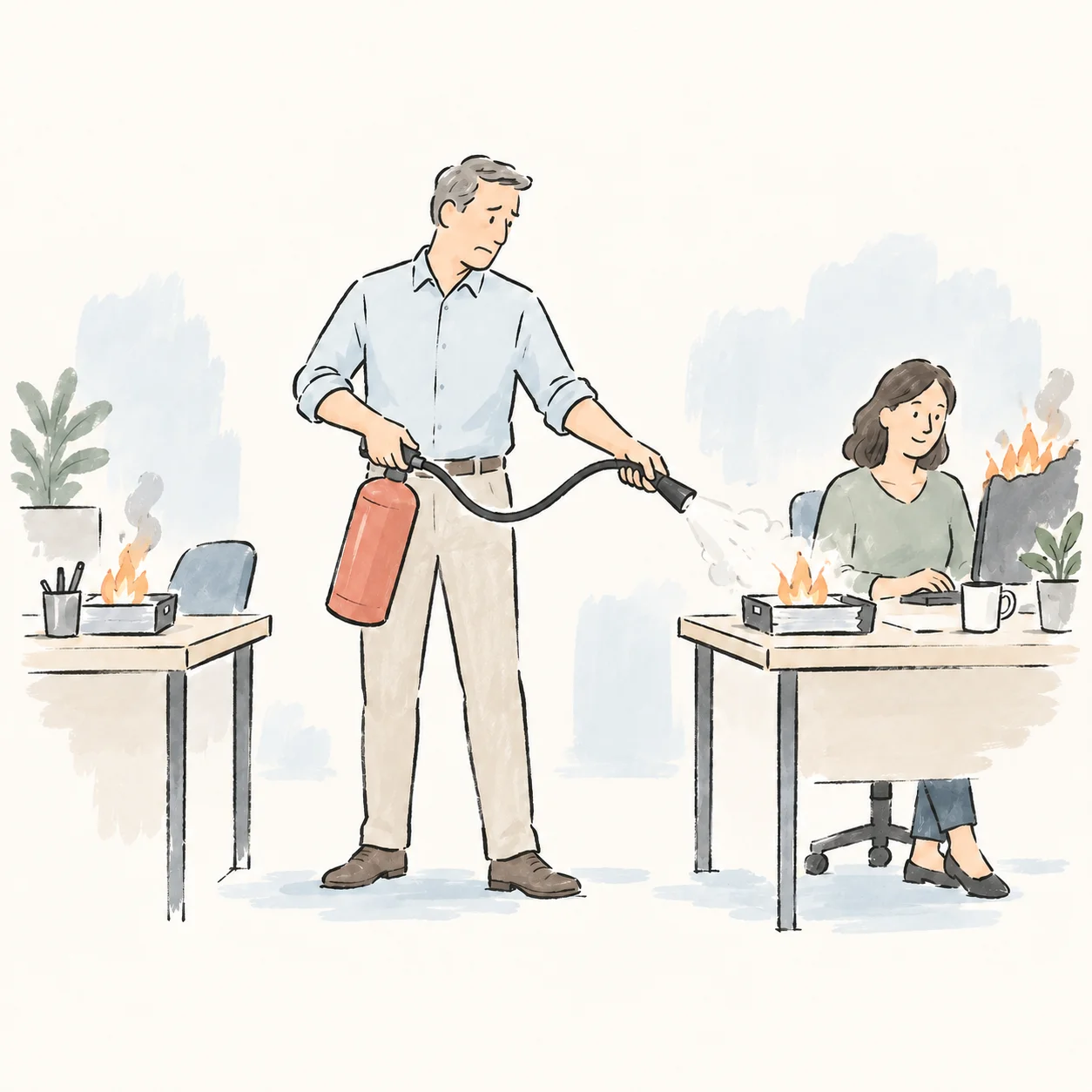 An owner puts out fires at coworkers’ desks.