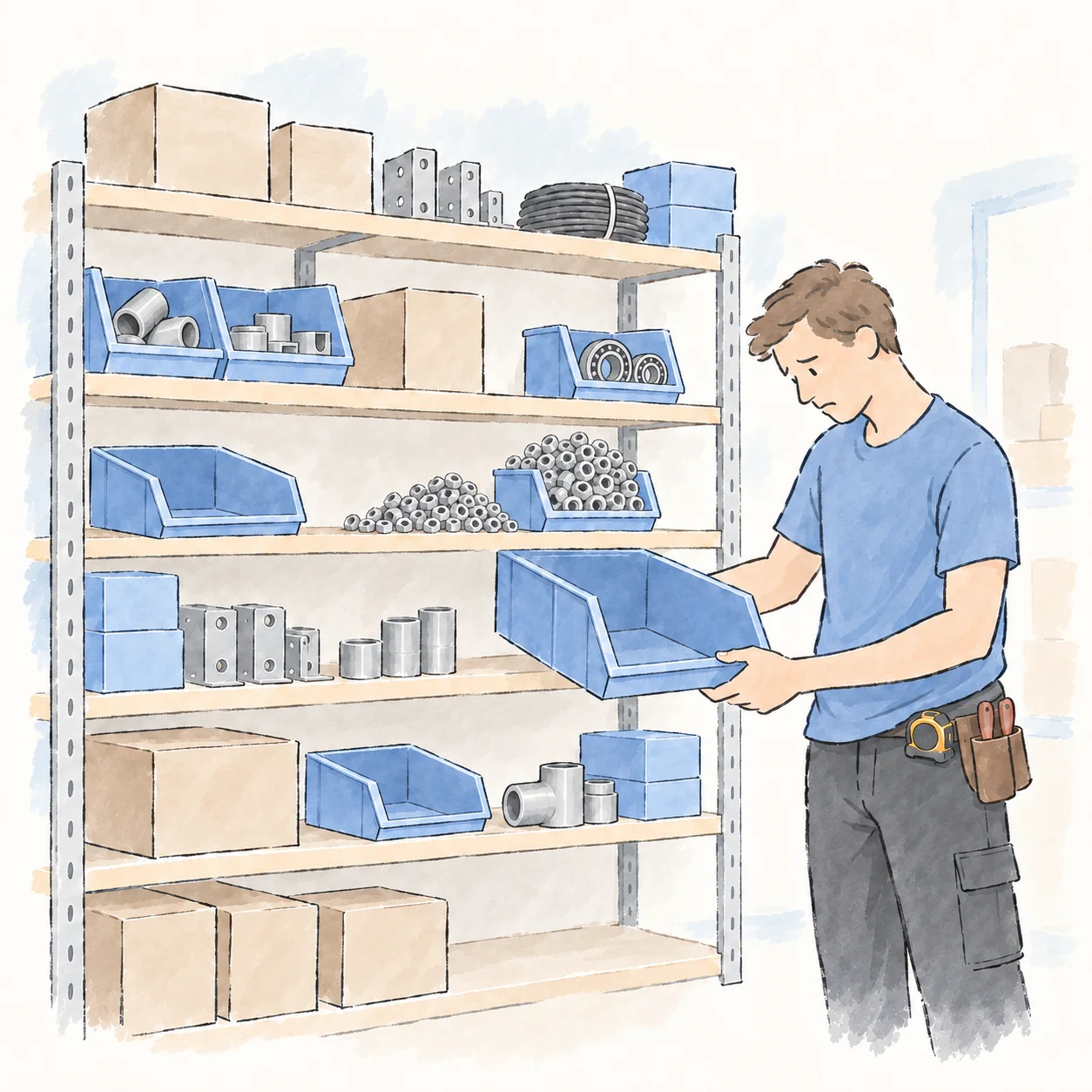 A worker finds an empty parts bin beside shelves with excess stock.